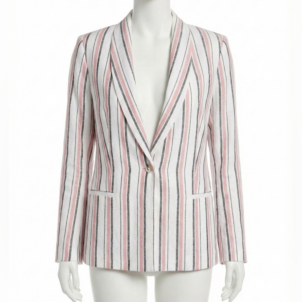 Adrienne Vittadini White Pink Striped Linen Blend Blazer Jacket Large Career